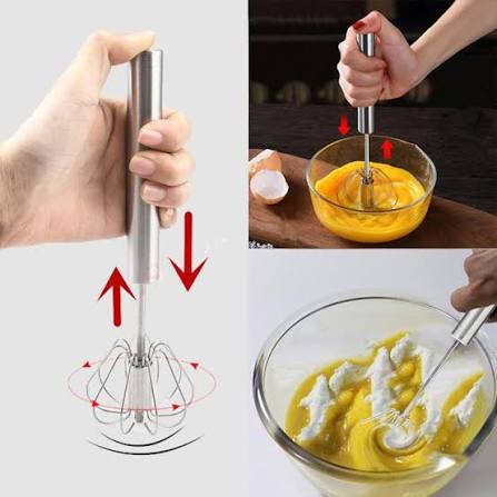Semi-Automatic Stainless Steel Egg Beater | Manual Push Whisk Hand Blender for Eggs, - Image 2