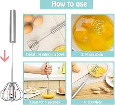 Semi-Automatic Stainless Steel Egg Beater | Manual Push Whisk Hand Blender for Eggs, - Image 4